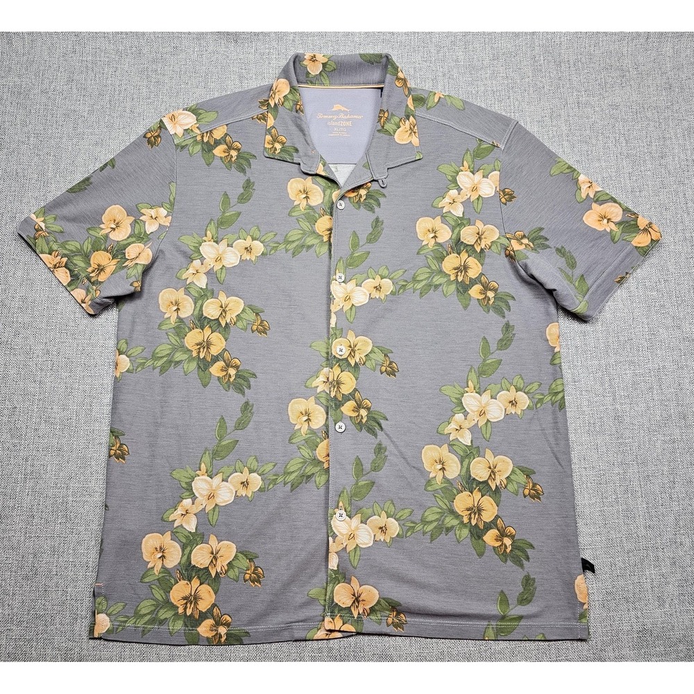 Tommy Bahama Shirt Mens XL Gray IslandZone Floral Hawaiian Camp Button Down